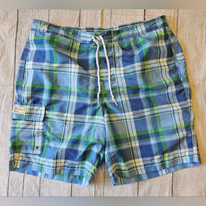 Chaps Men's Size XXL Swim Shorts Lined Blue green Plaid with pockets